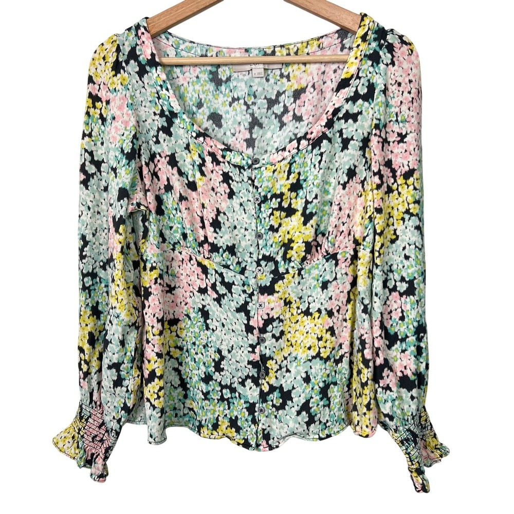 LOFT‎ Women's Floral Button Front Blouse Smocked Cuff Rayon Pink Yellow Medium